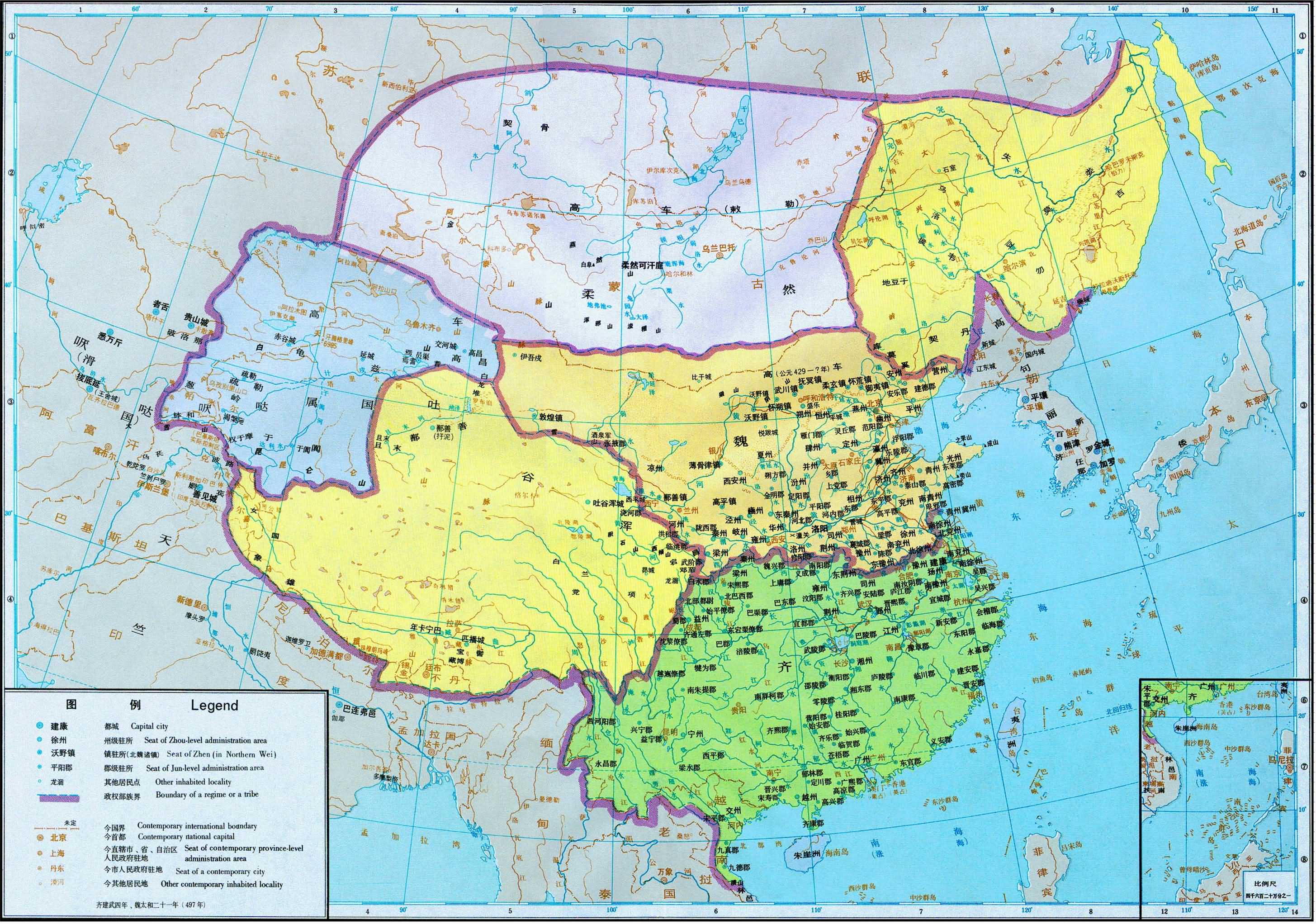 南北朝地图（497年南朝齐、北魏时期）