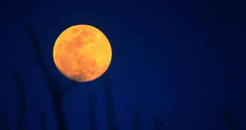 山上，一轮橘红色的月亮